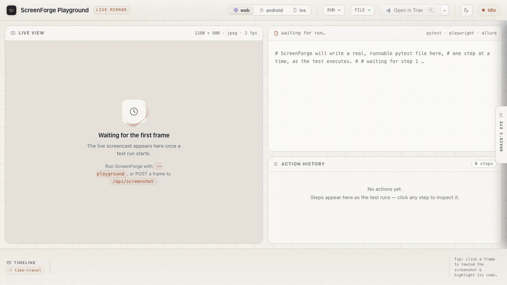 ScreenForge Live Mirror — the generated pytest grows beside the live page as the agent runs