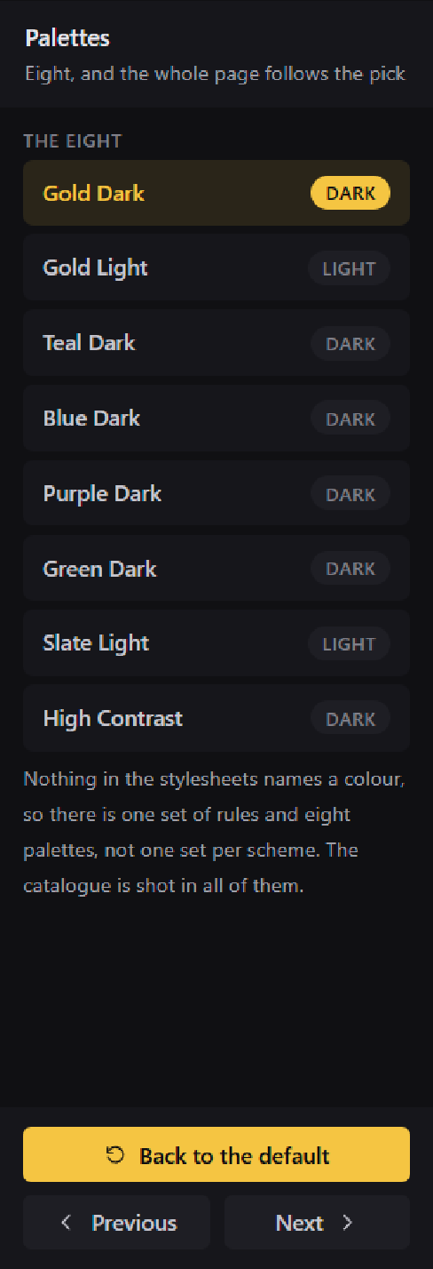 The side panel: a title and a subtitle, a list of palettes, a paragraph, and two rows of buttons at the bottom