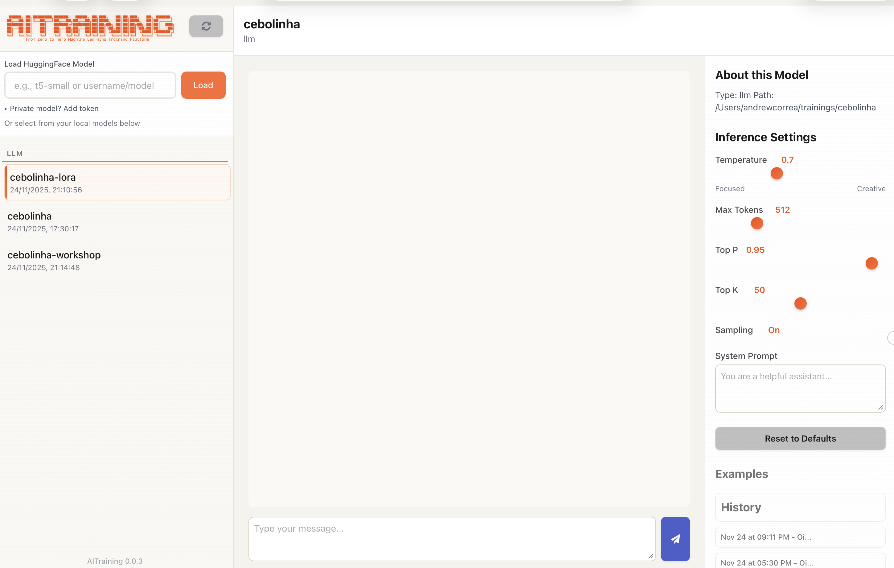 Chat interface for testing trained models