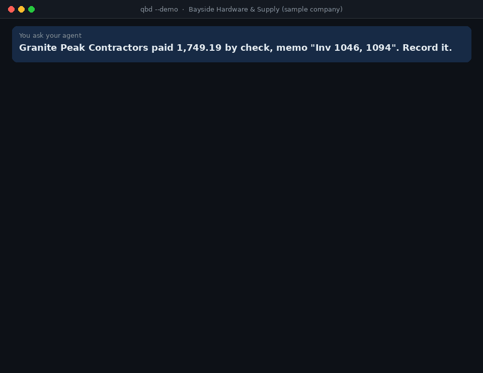 qbd match-payment finds the invoices a check pays; the payment is drafted, approved and committed