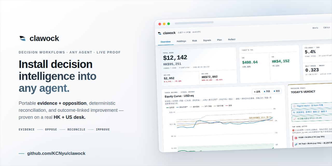 clawock — portable investment decision workflows for any external AI agent, proven on a live HK and US desk