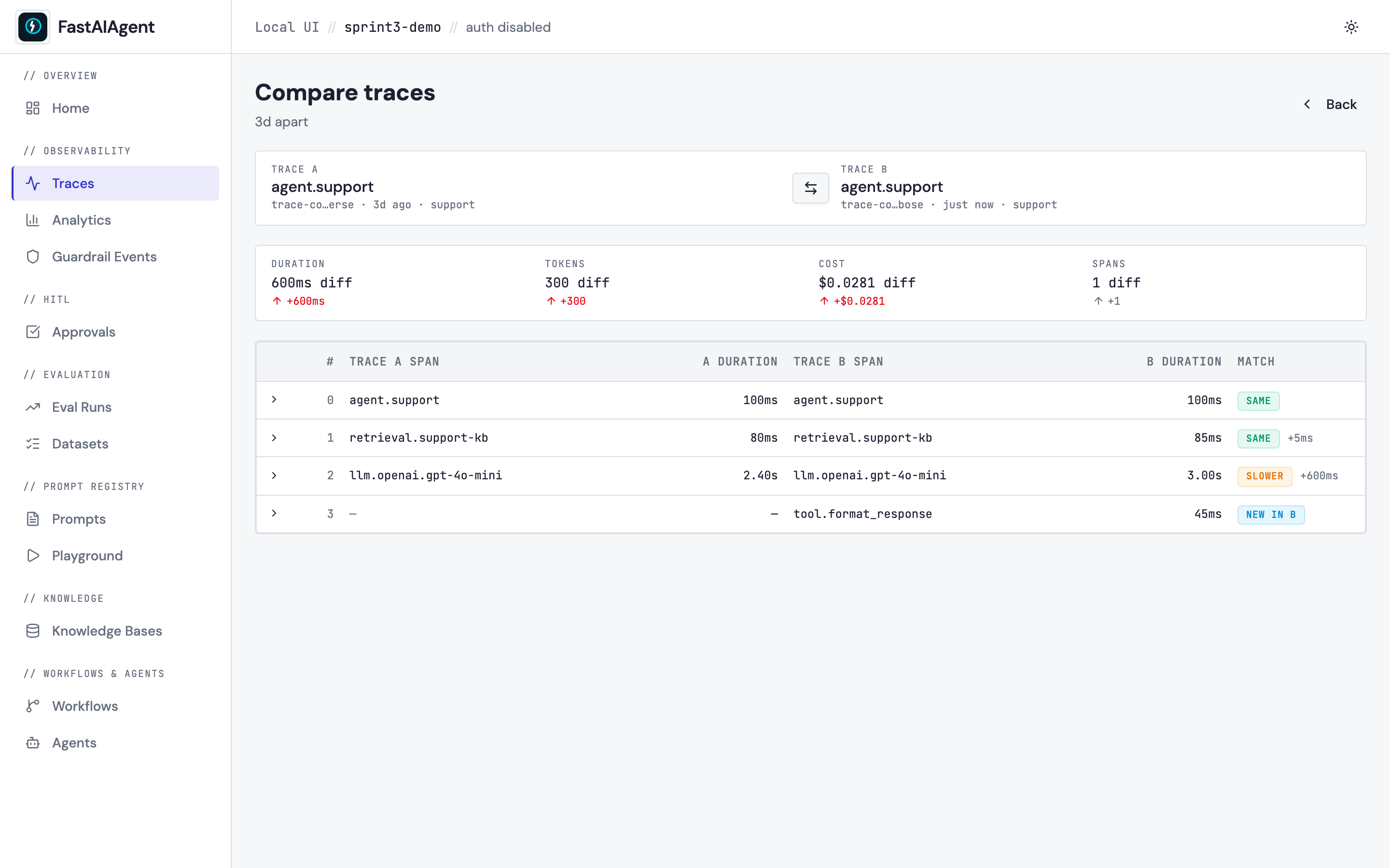 FastAIAgent Local UI — Trace Comparison