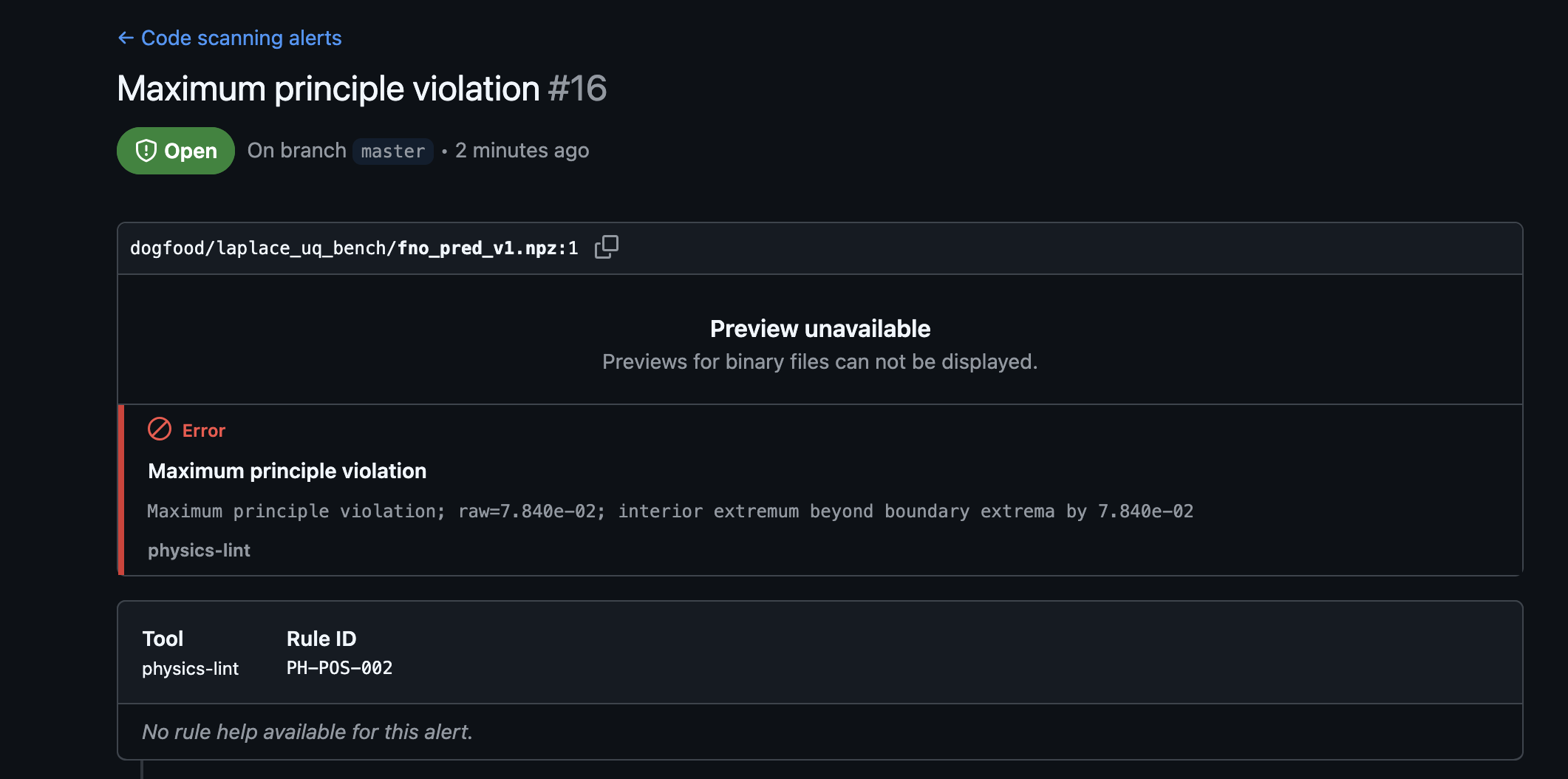 physics-lint FNO PH-POS-002 alert rendered in the GitHub Security tab