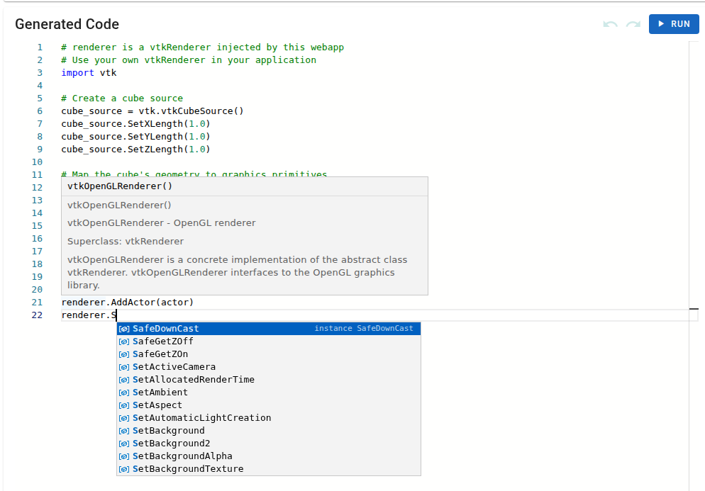 Monaco editor showing Python/VTK completion and a hover docstring