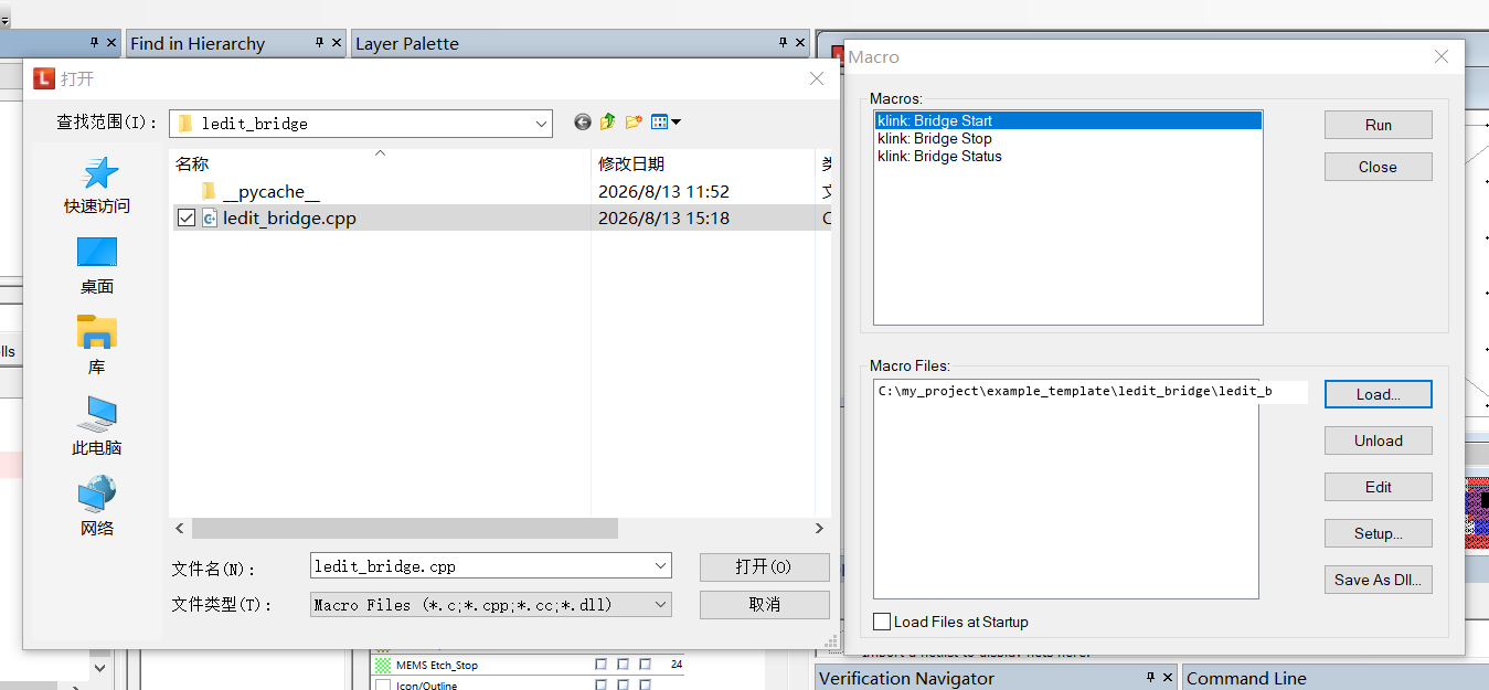 Load ledit_bridge.cpp in L-Edit: Tools > Macro > Load Macro, then the Tools menu gains klink Bridge Start/Stop/Status