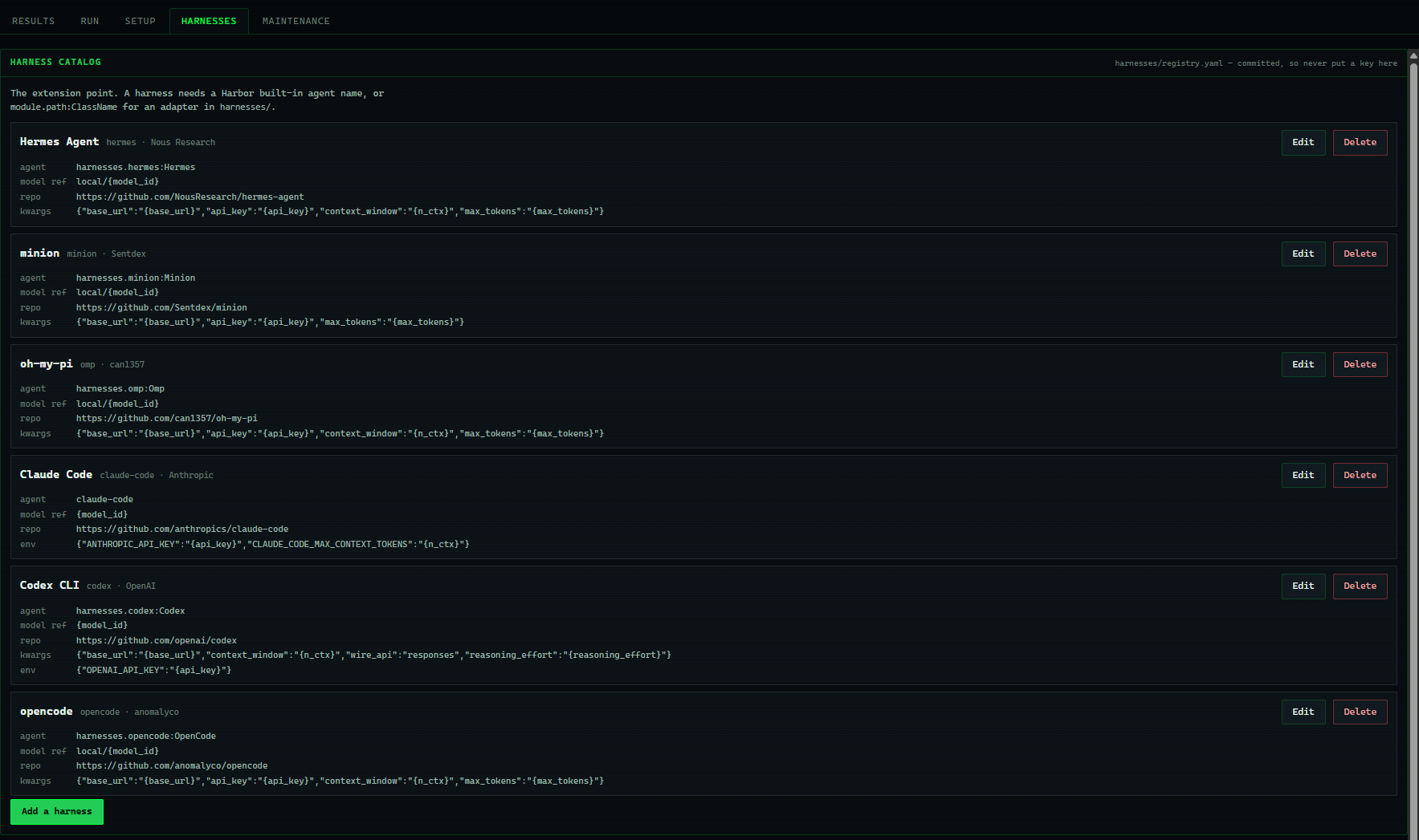 The harnesses tab: the harness catalog, each entry with its adapter, model reference and placeholder-only kwargs