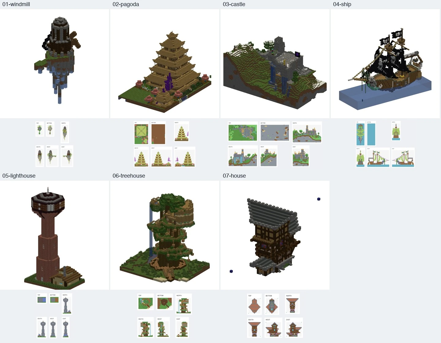 Seven Minecraft structures with textured renders and six-view projections