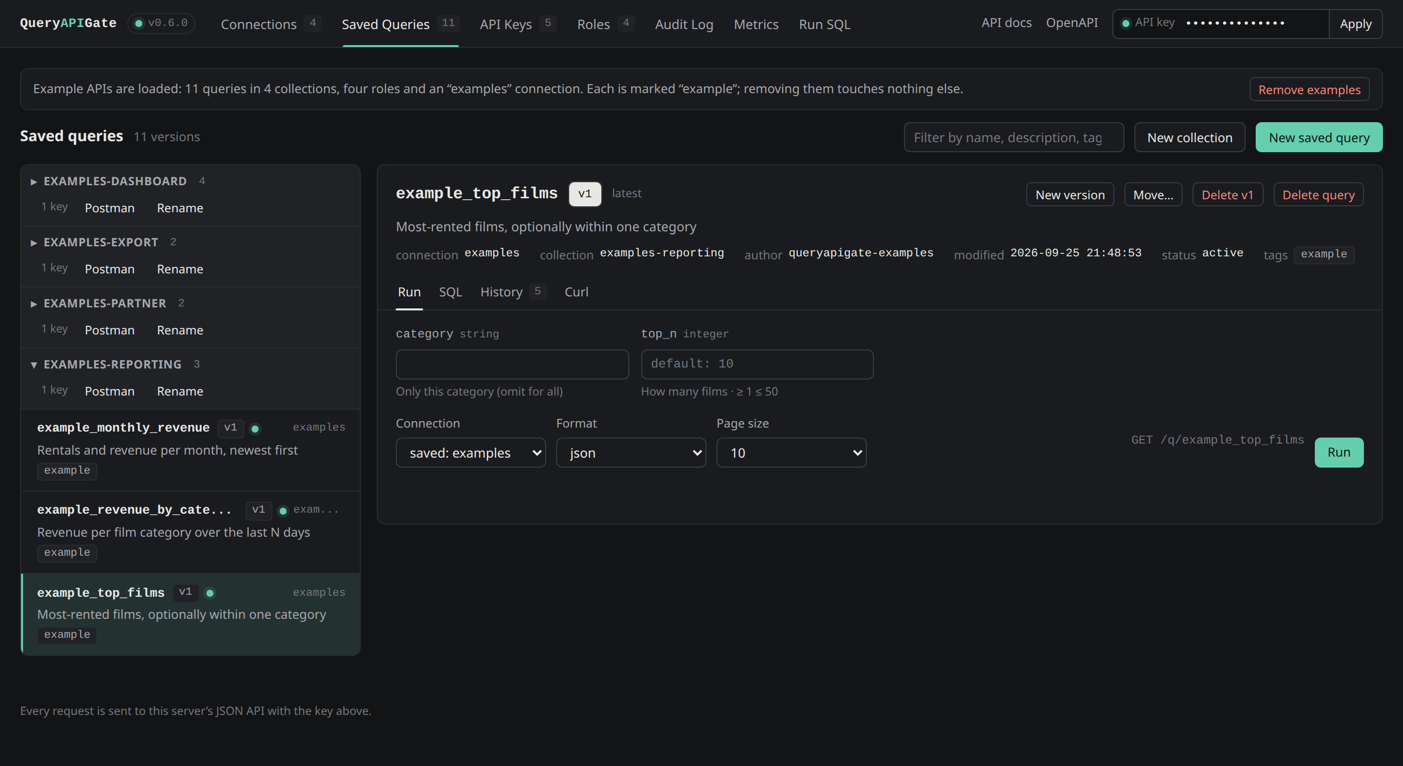 Saved queries grouped into collapsible collections, each with its key count and Postman/Rename actions, beside the selected query's connection, collection, Run/SQL/History/Curl tabs and generated GET /q/ endpoint