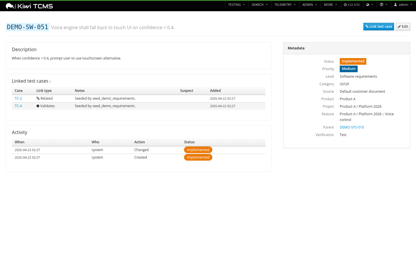 Detail view with linked test cases