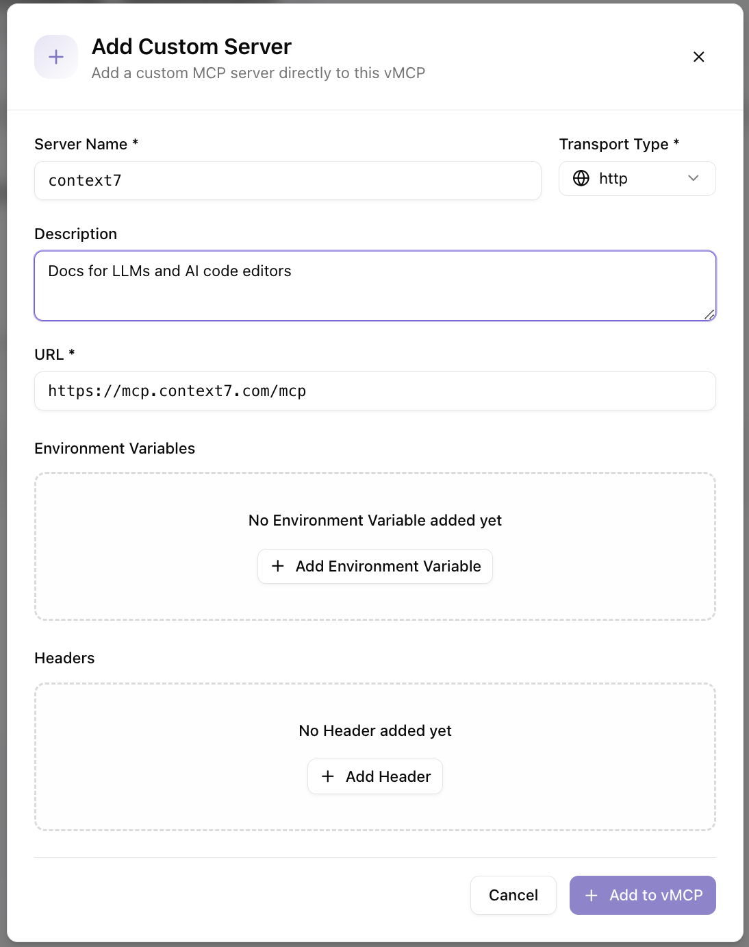 Add Custom MCP Server Dialog