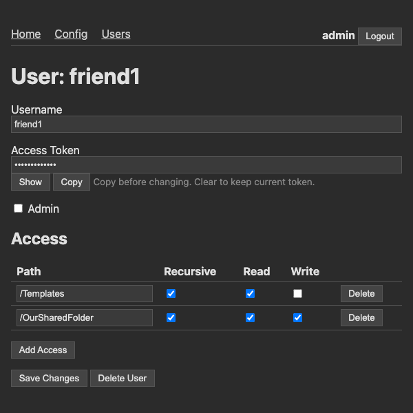 User detail with access rules