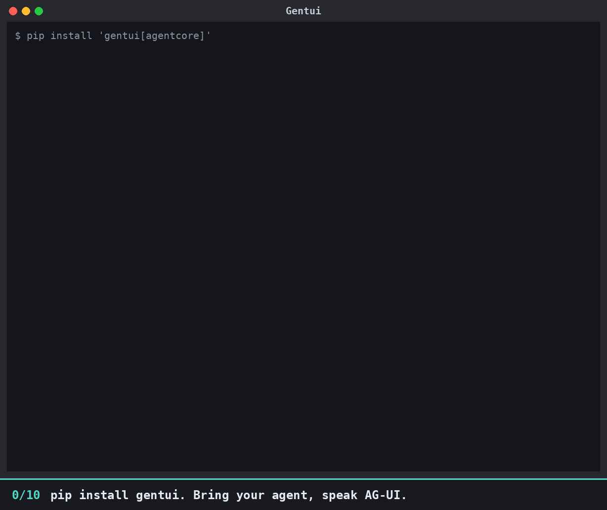 Gentui feature tour: AgentCore launch, slash commands, chain of thought, memory, plan, approval, output, table, chart, event inspector, themes