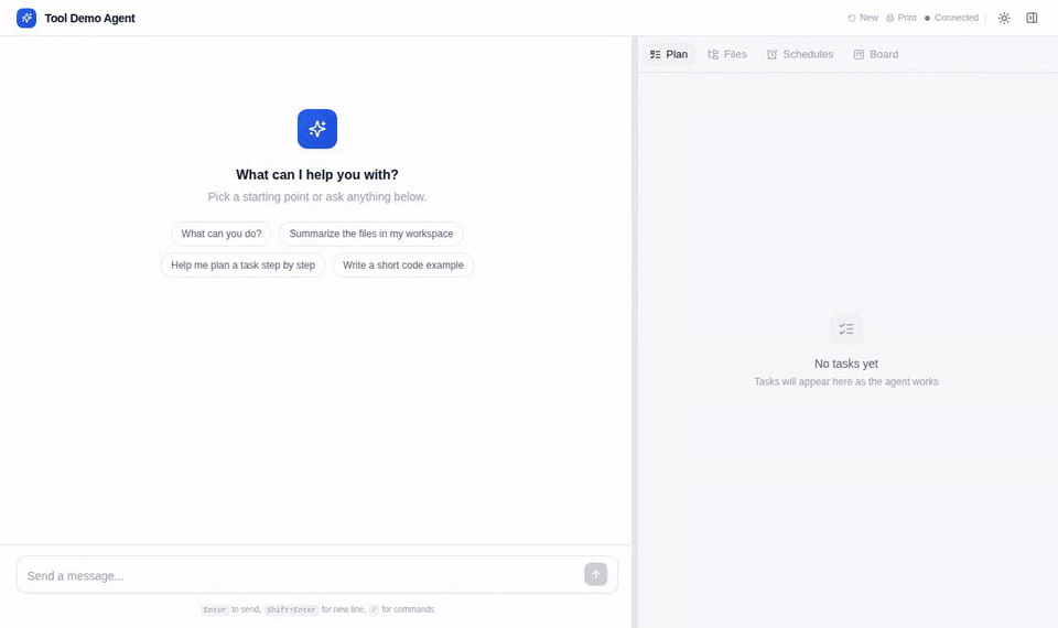 Animated demo: the web app streams a reply with a tool call, then runs a task delegated from the Board tab