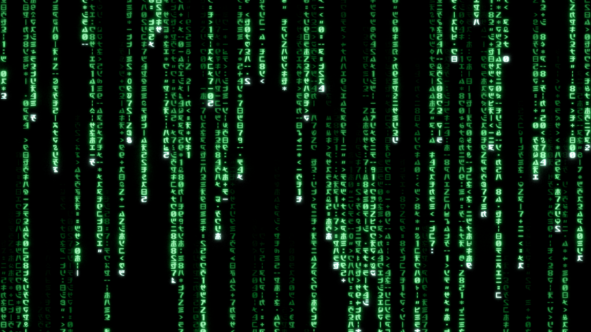 Classic code rain with the reference character set and occasional original Smythe glyphs