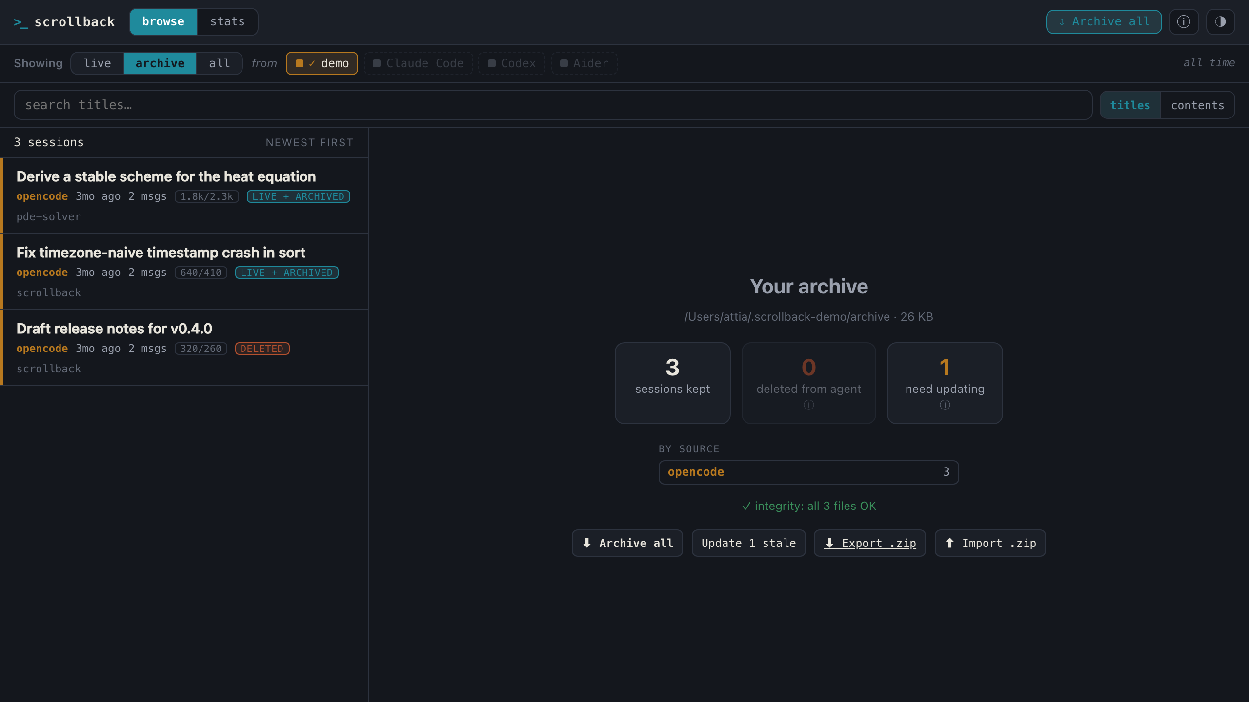 The scrollback web app in Archive mode: a session list with live / archived / deleted provenance tags beside the archive dashboard (sessions kept, integrity check, per-source counts, and export / import / sync actions).