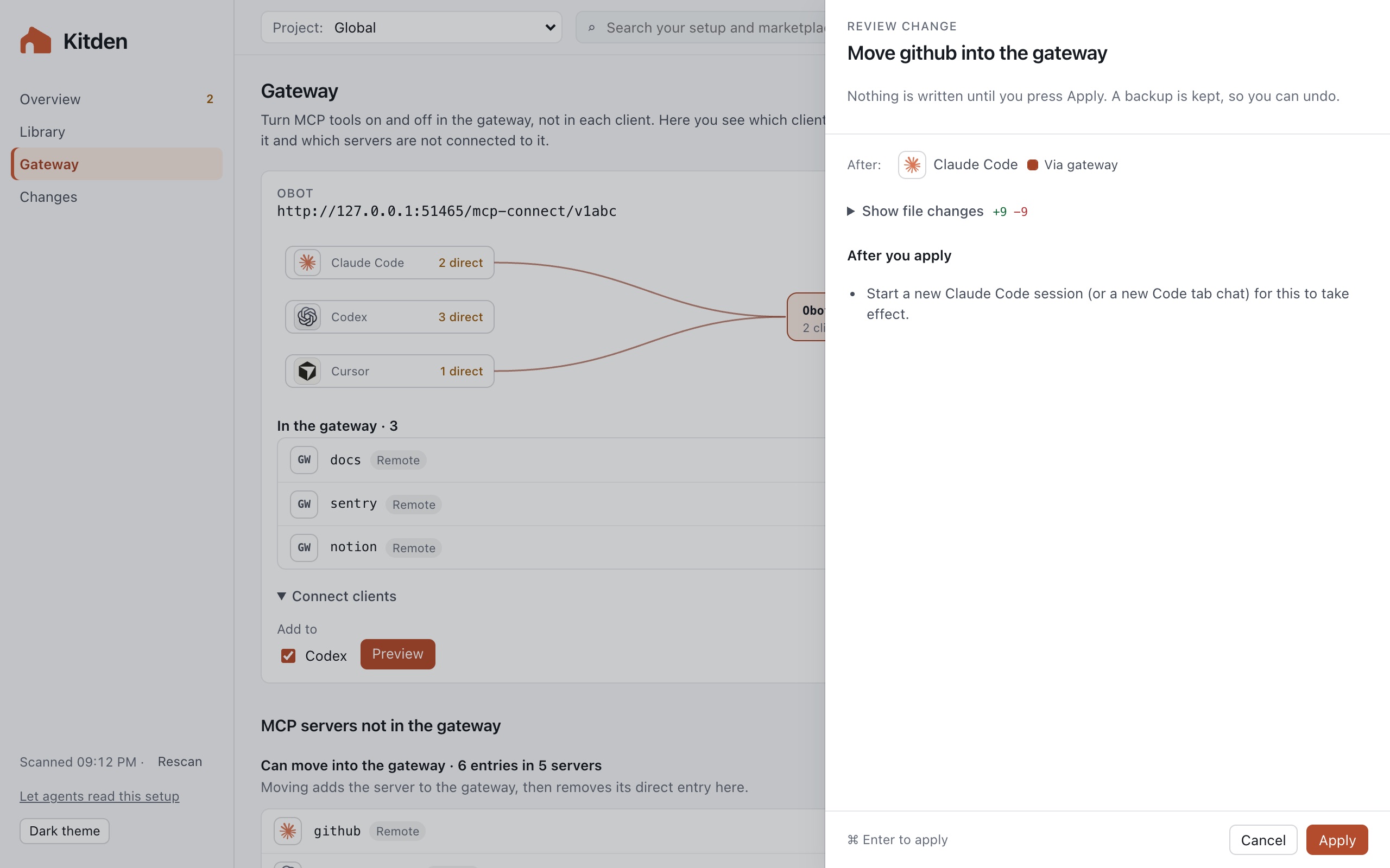 The review for moving the linear server into the gateway: Claude Code and Codex will both reach it through the gateway, and what to restart