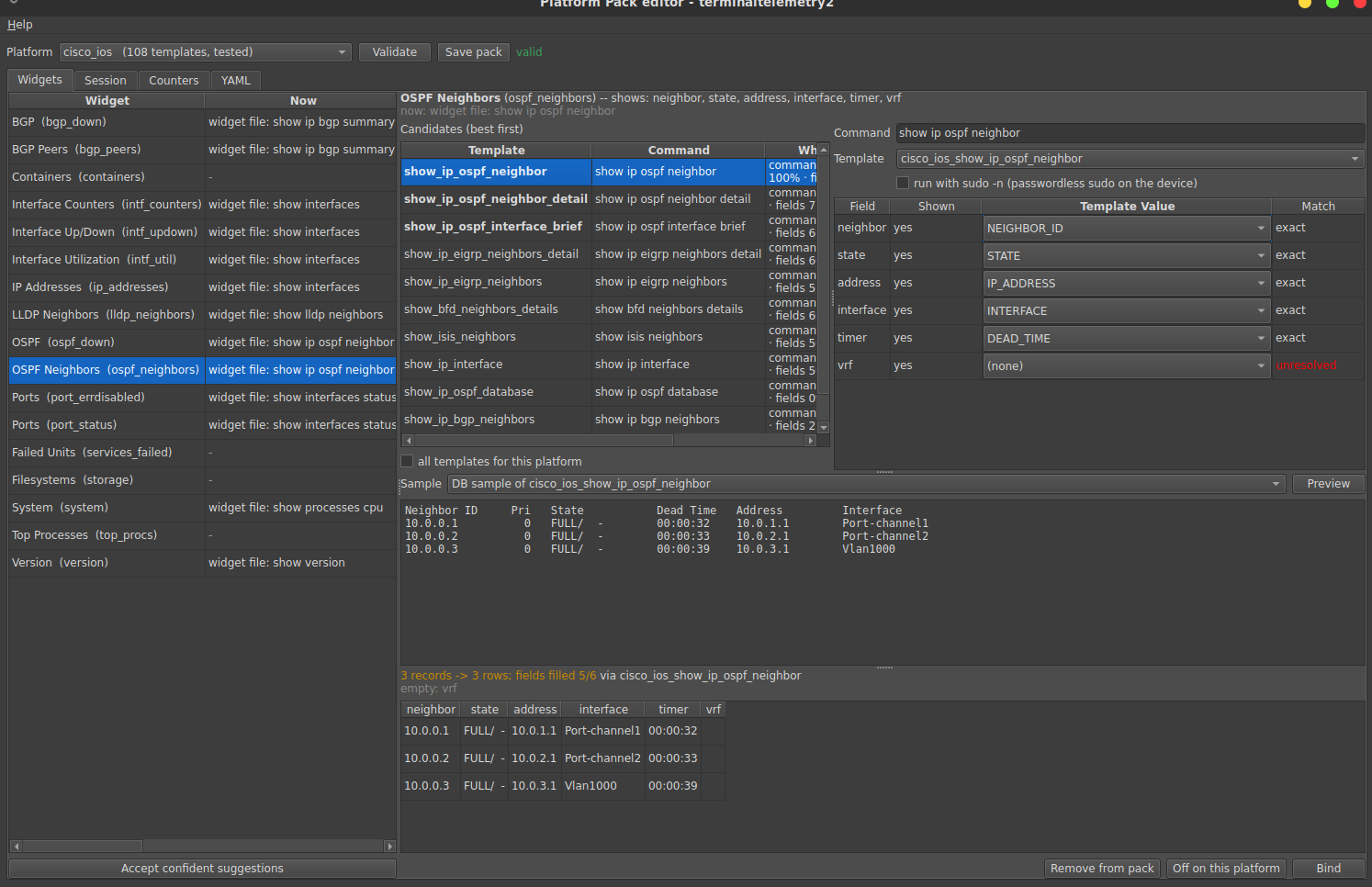 Pack editor: Cisco IOS OSPF neighbors bound and previewed