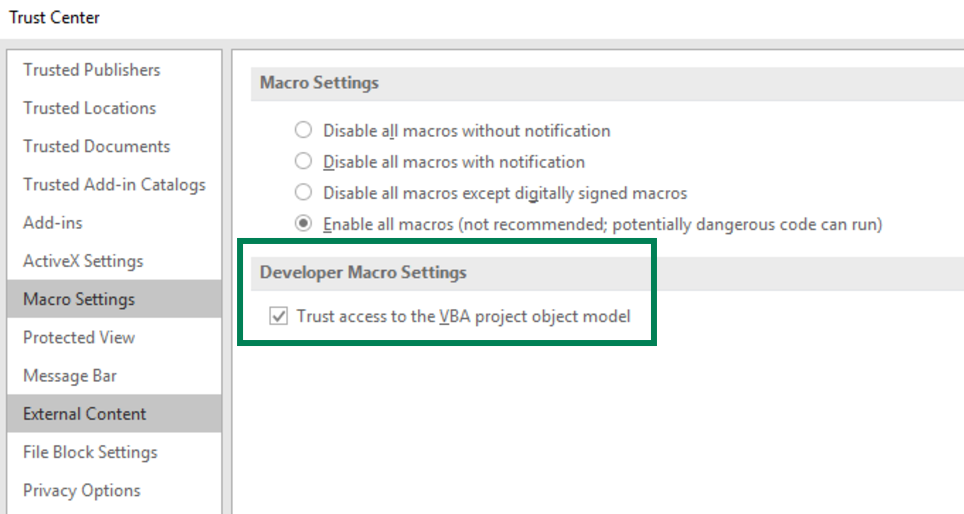 Trust Center Settings