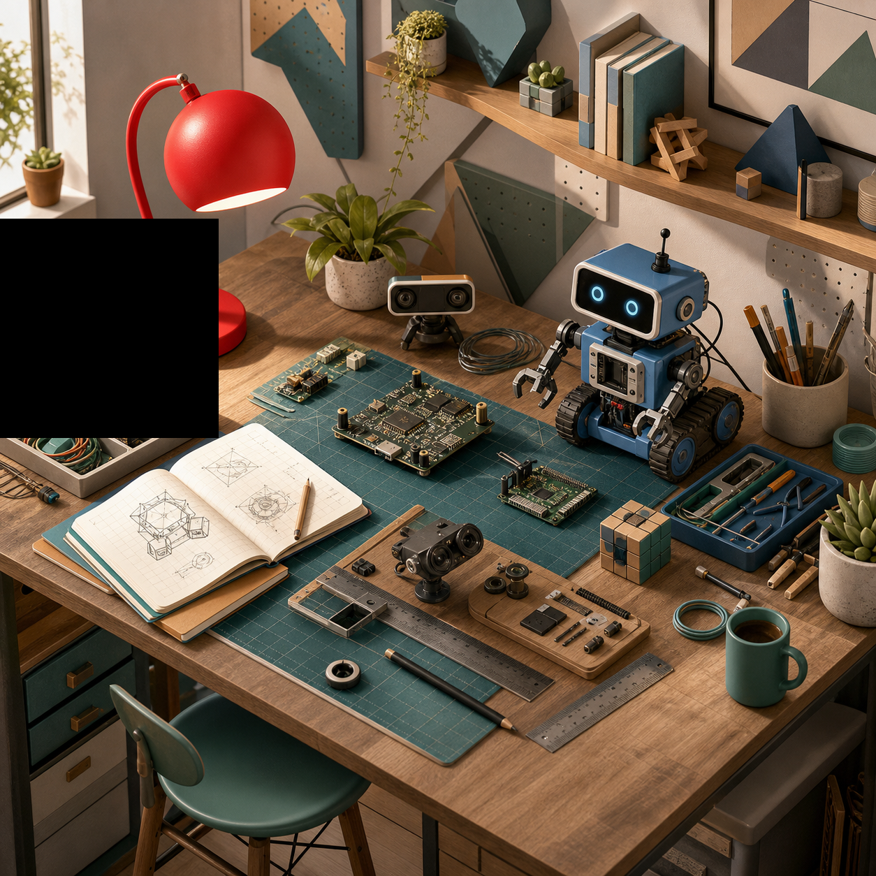 The same workbench with the strongest lamp region occluded in black