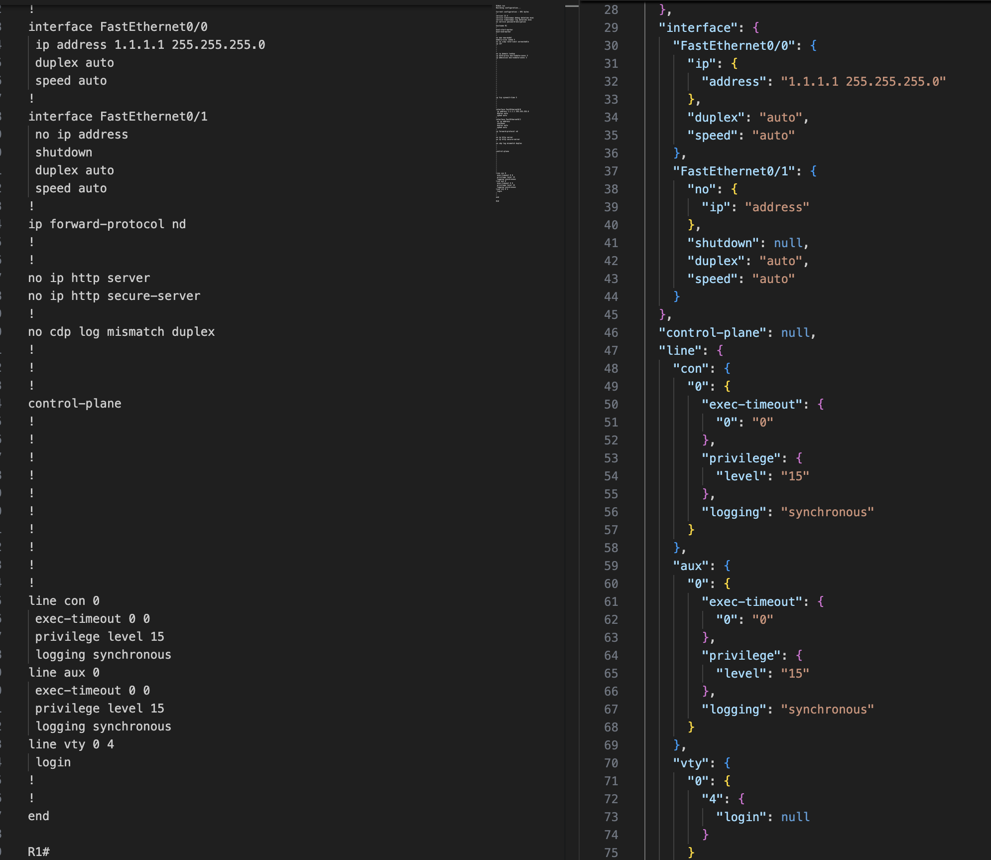 show run to modern JSON format structure