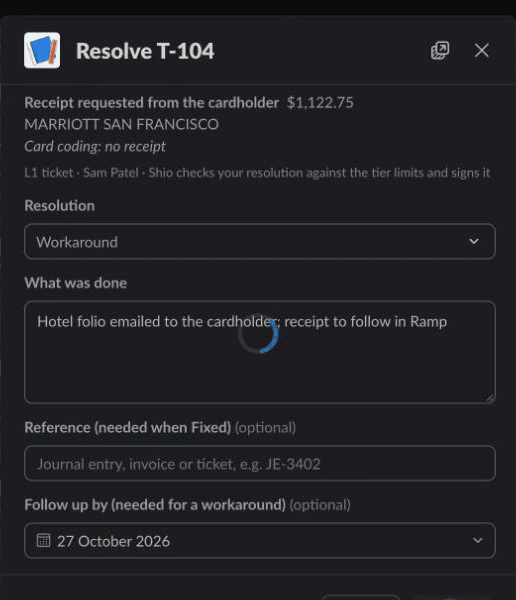 Resolving a review ticket in a Slack form