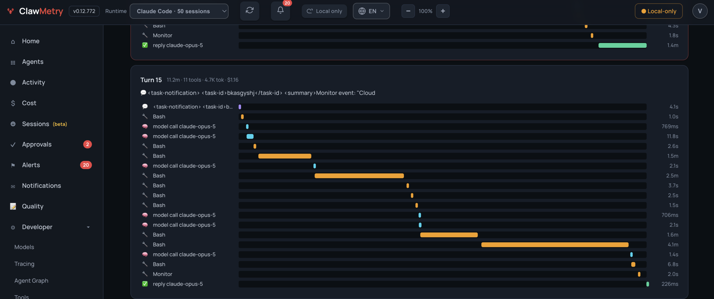 Sessions: one agent turn on a timeline, every tool call with its own duration and the turn's cost