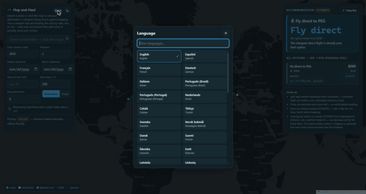 Animated demo: planning a trip, then switching the UI language to French and Arabic with full RTL mirroring