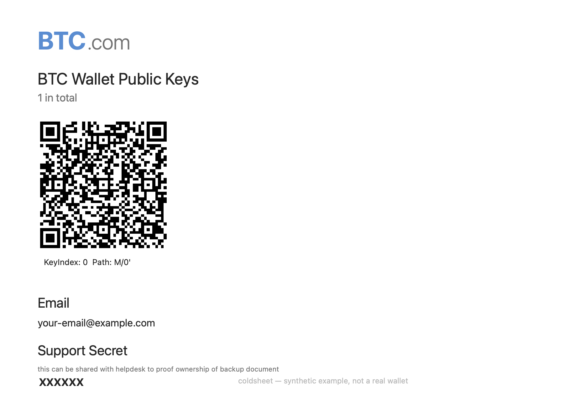 Example BTC.com / Blocktrail wallet recovery data sheet (synthetic)