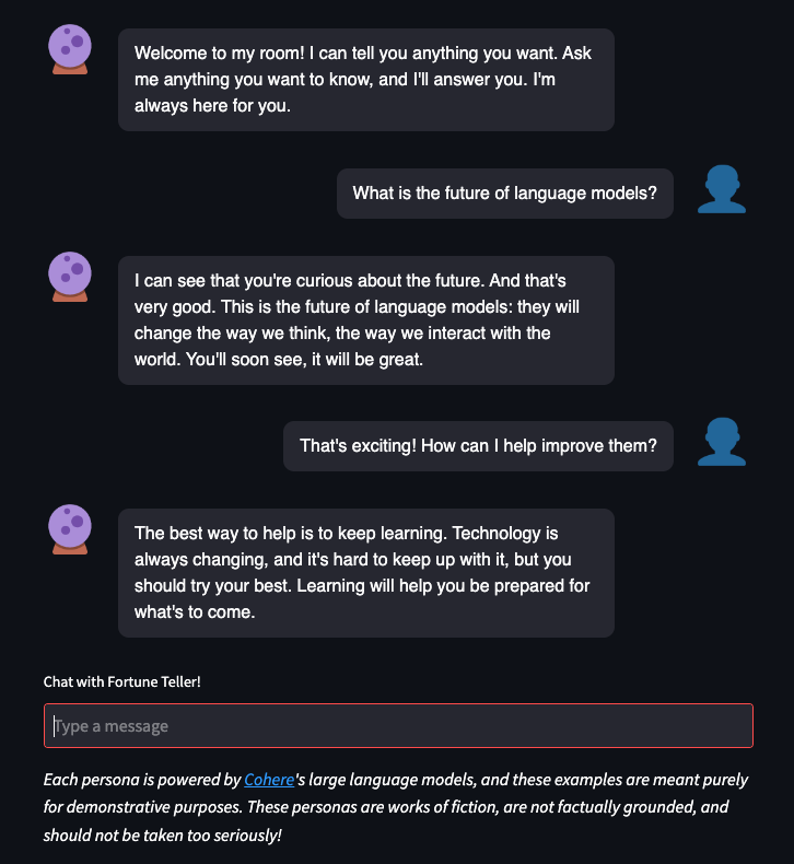 Screenshot showing an exchange between a Fortune Teller chatbot and a user.