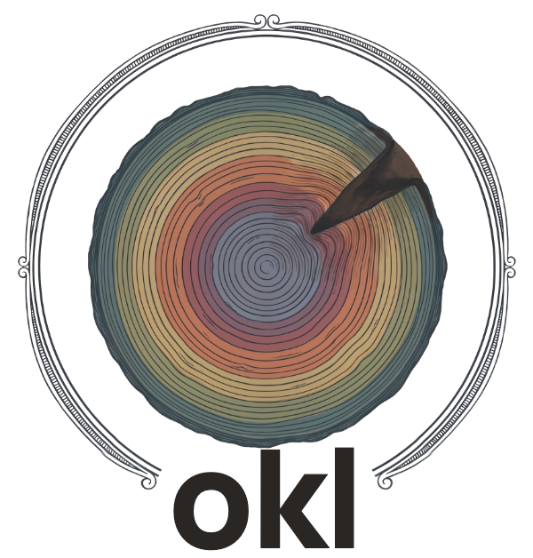 okl logo: a tree's growth rings around a healed scar, in an engraved frame with okl in the gap