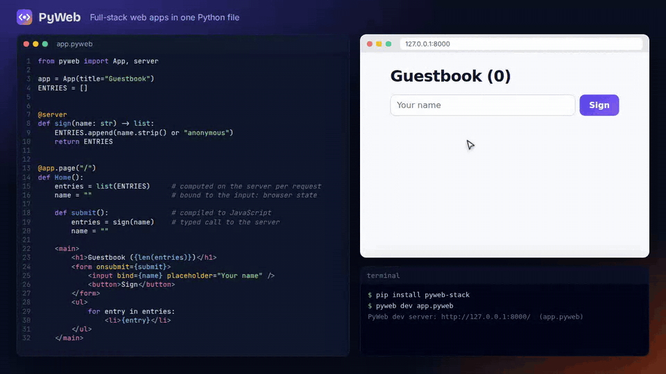 A guestbook app written in one .pyweb file: the submit handler runs in the browser and sign() runs on the server