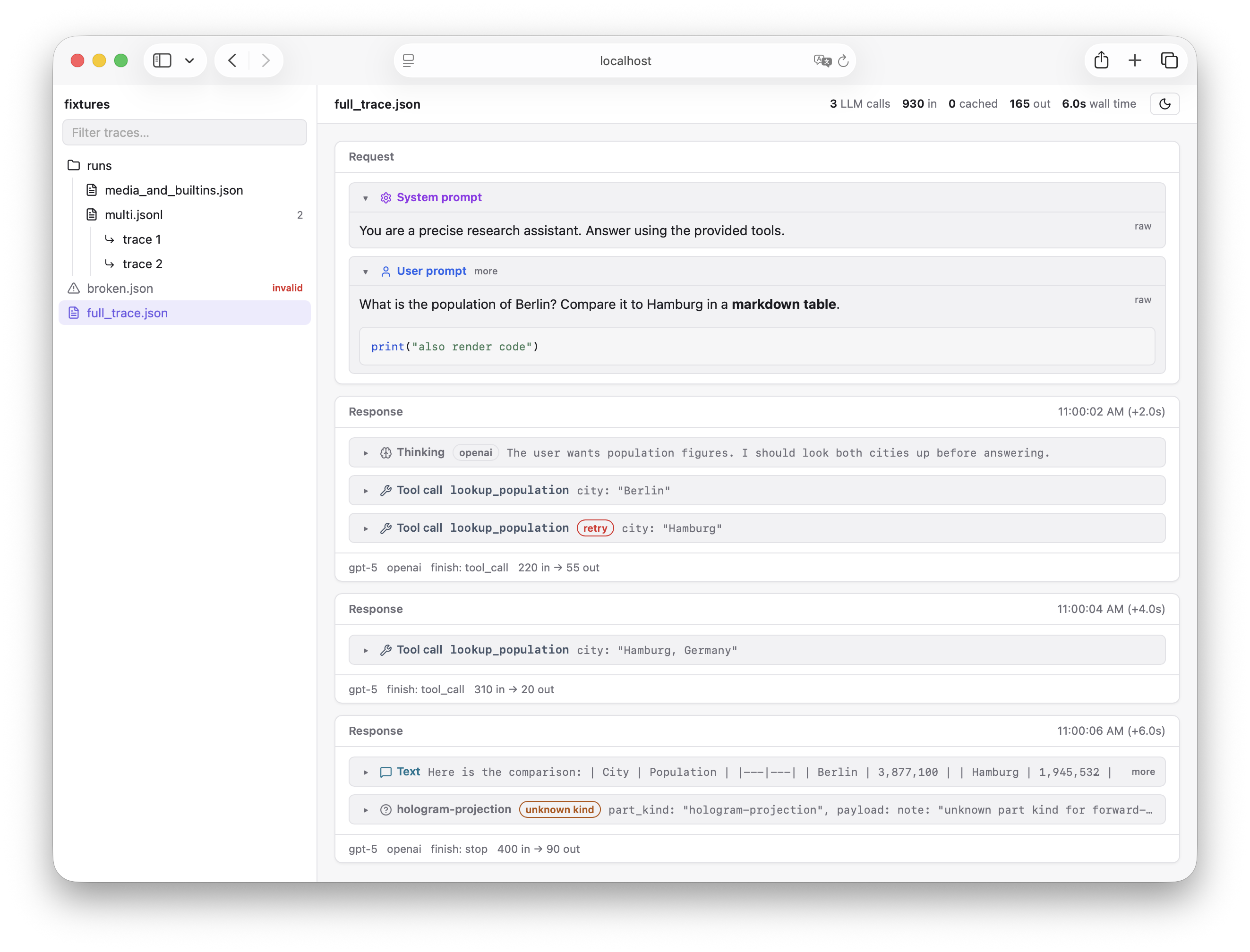 Screenshot of a trace open in pydantic-ai-trace