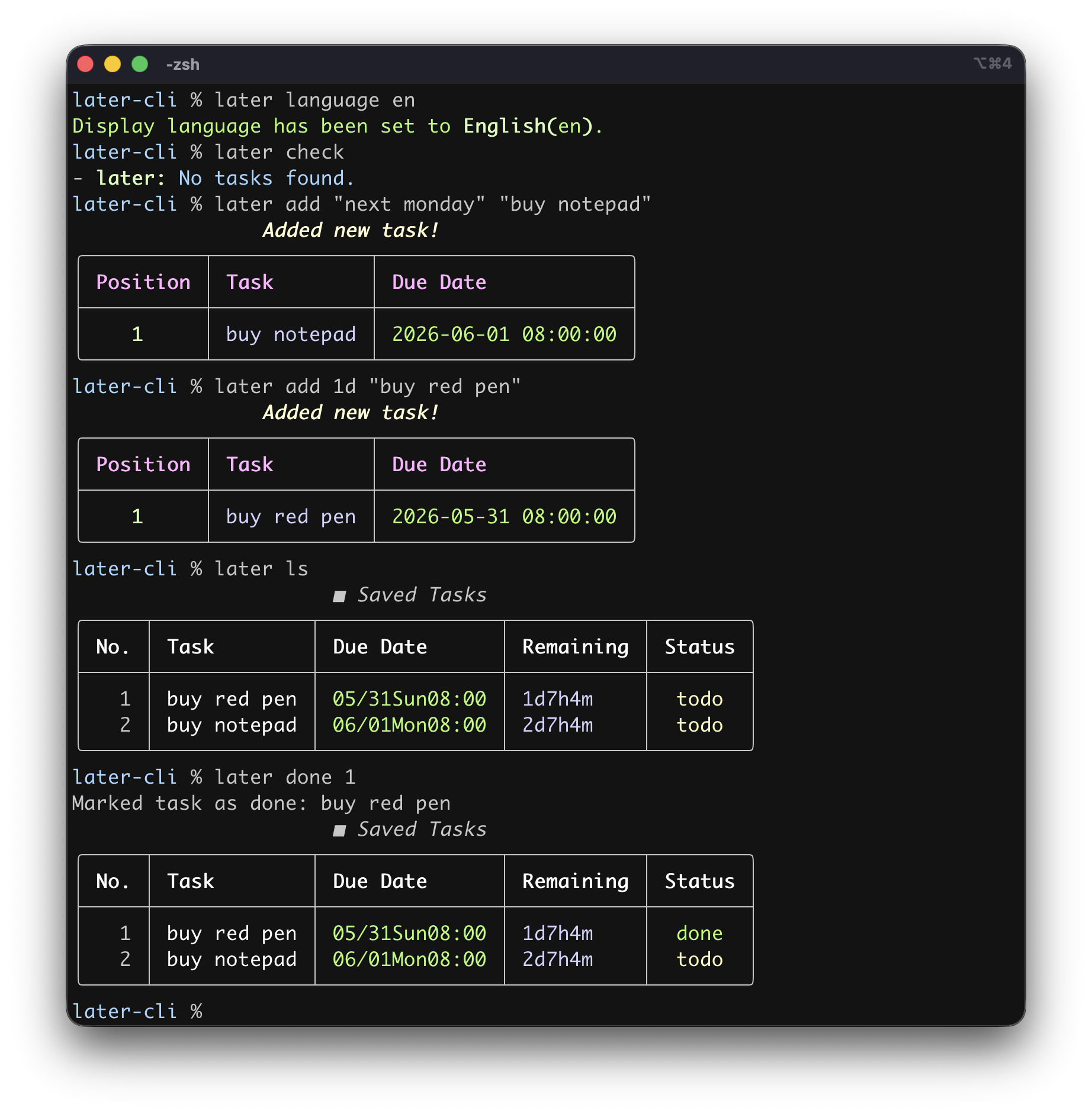 A simple task management tool for the terminal: later