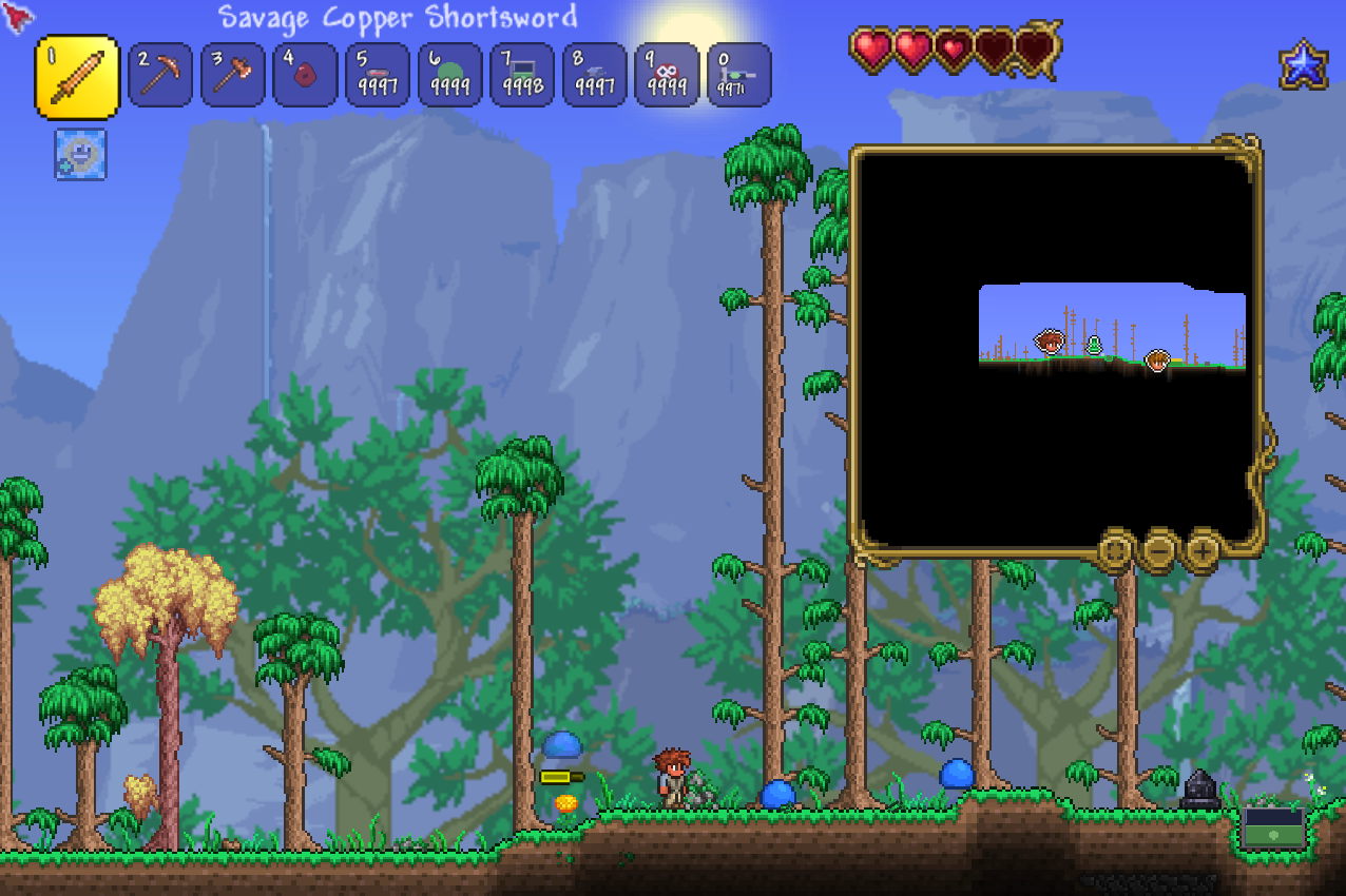 A running game at noon: the player at spawn among blue slimes, forest, HUD