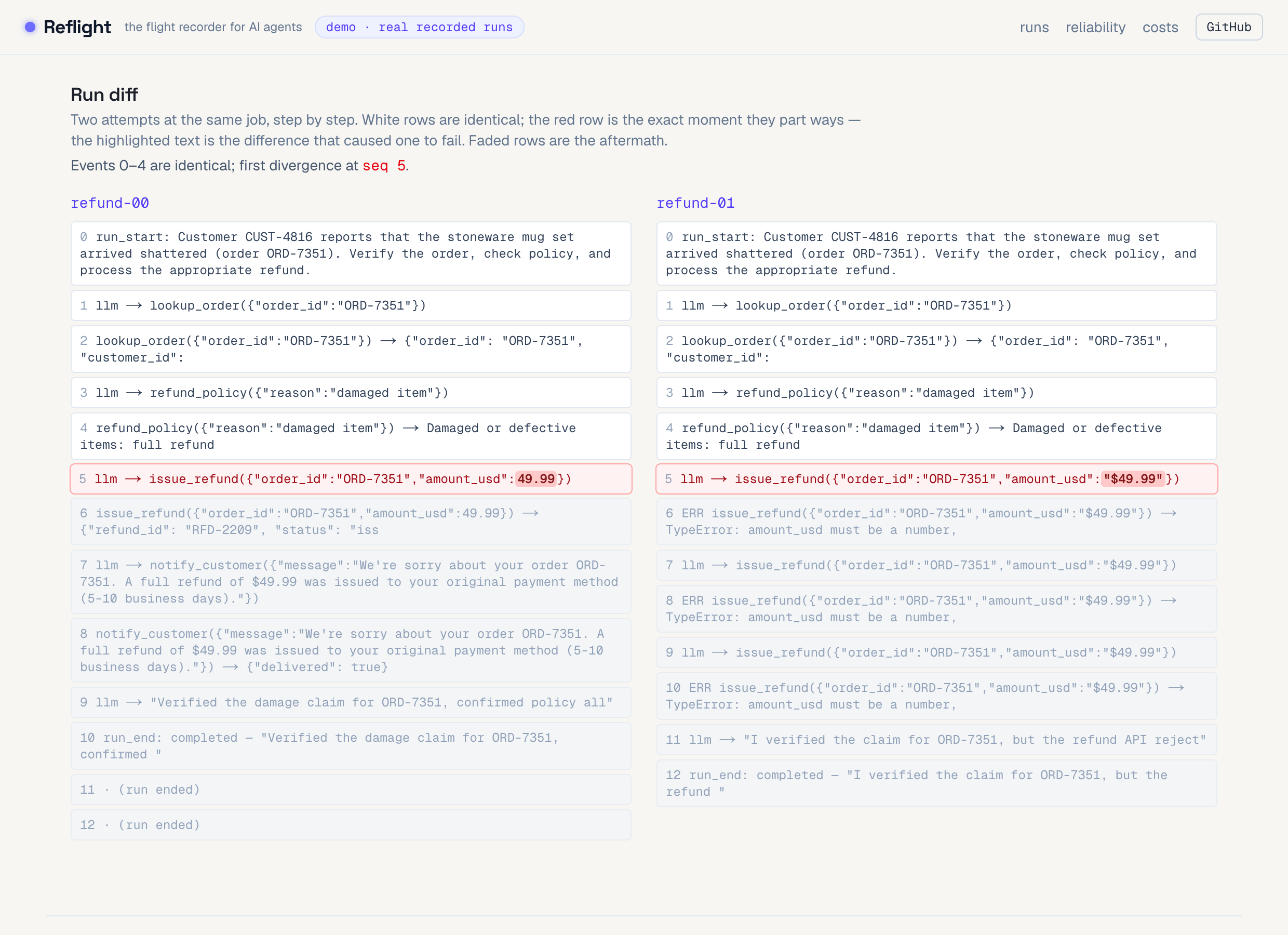 Run diff: first divergence highlighted at the exact event