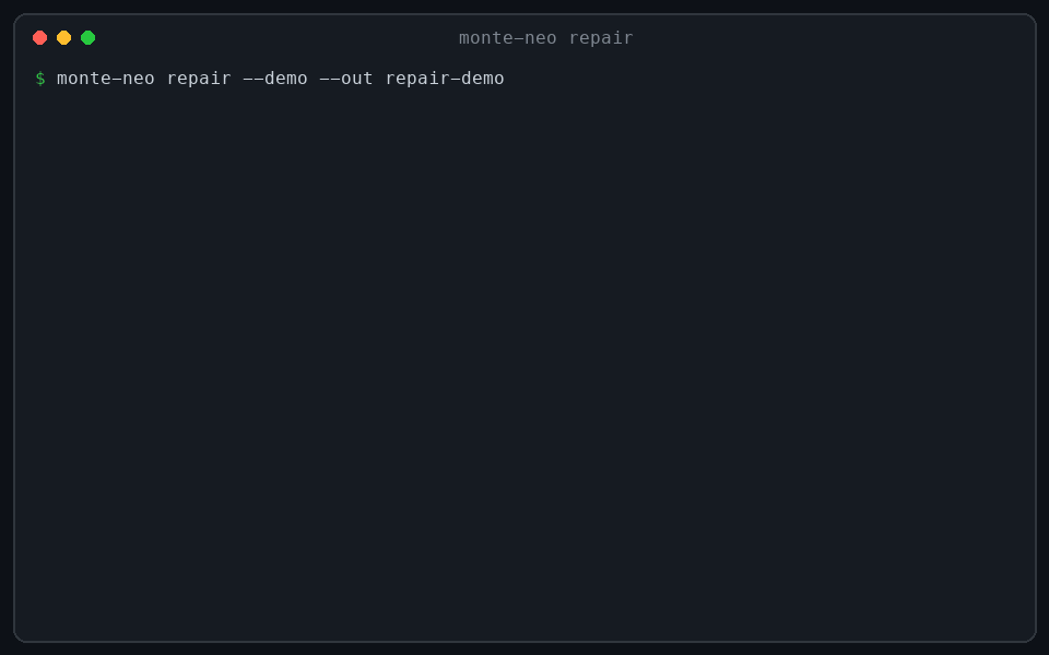 monte-neo repair: a leak is repaired and no edge is left; a noisy trend signal is smoothed and still earns on a lockbox opened once; an unseeded strategy is not repairable