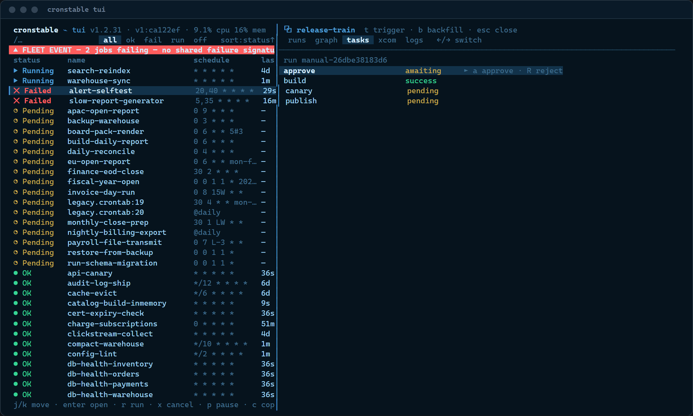 The DAG drawer's tasks tab: release-train parked on its approval gate, with a approve / R reject armed