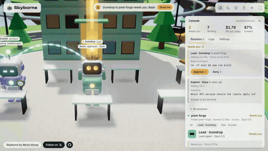 A Skybot asks to run a command, the beam to City Hall turns green when it is approved, and the camera pulls back over the city
