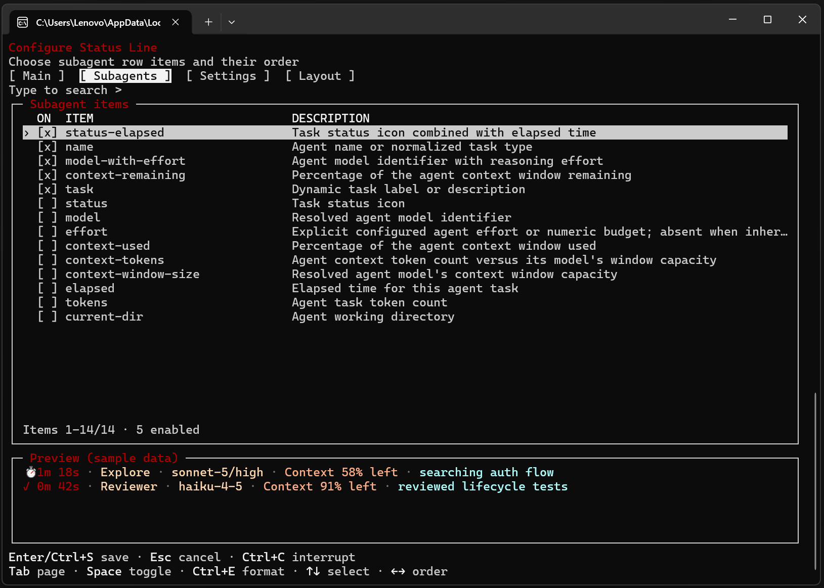 Windows external TUI Subagents page with sample preview