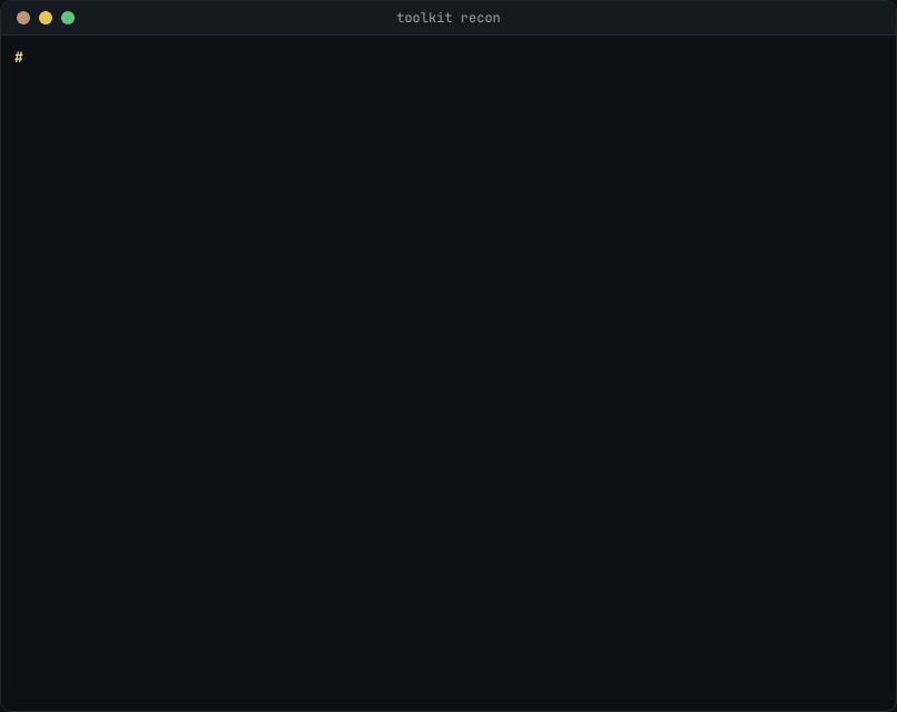 toolkit recon running against the bundled lab: port sweep, service scan, follow-up modules, then a ranked Where to start list