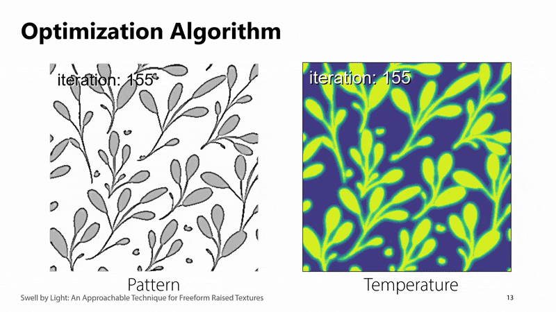 A printed pattern's shades change as the optimization progresses, and the resulting temperature distribution gets closer to the intended pattern.