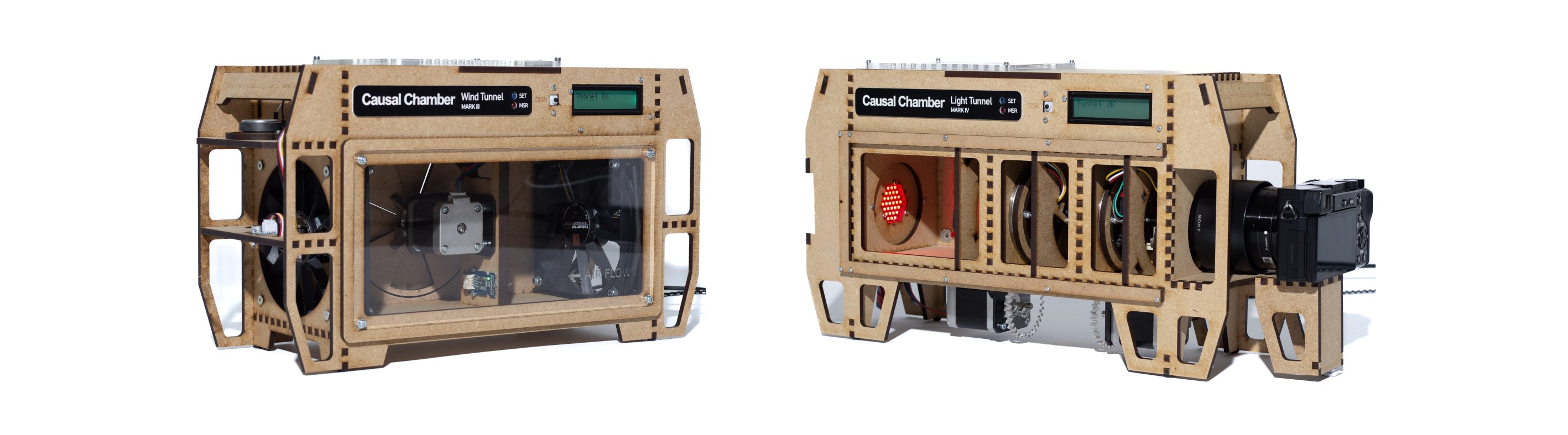 The Causal Chambers: (left) the wind tunnel, and (right) the light tunnel with the front panel removed to show its interior.