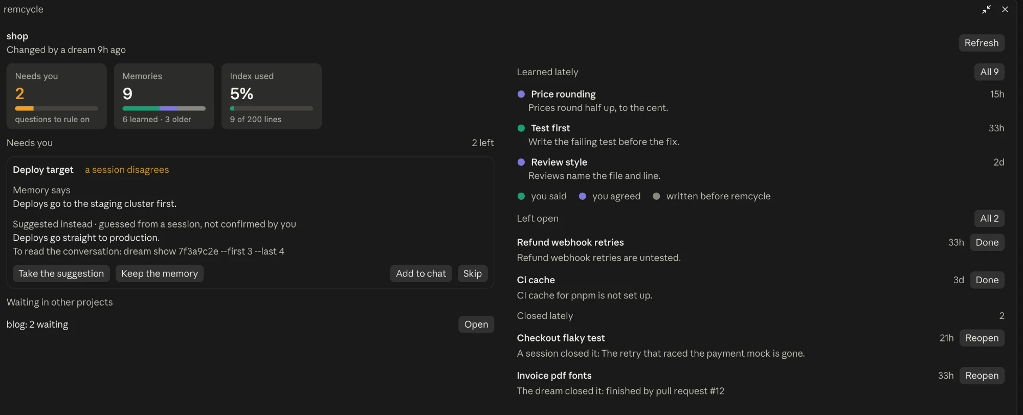 The remcycle panel in full screen. On the left, three tiles: two questions need you, nine memories, the index five per cent full. Under them a question about where deploys go, with buttons to take the suggestion, keep the memory, add it to the chat or skip. On the right, what was learned lately, what was left open and what was closed lately.