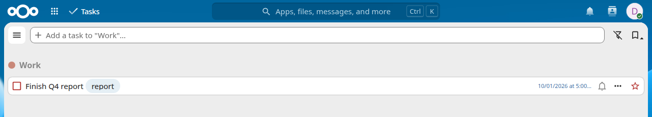 Nextcloud Tasks showing the high-priority task with its tag and due date