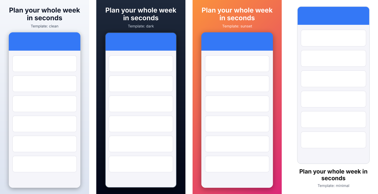 Built-in templates: clean, dark, sunset, minimal