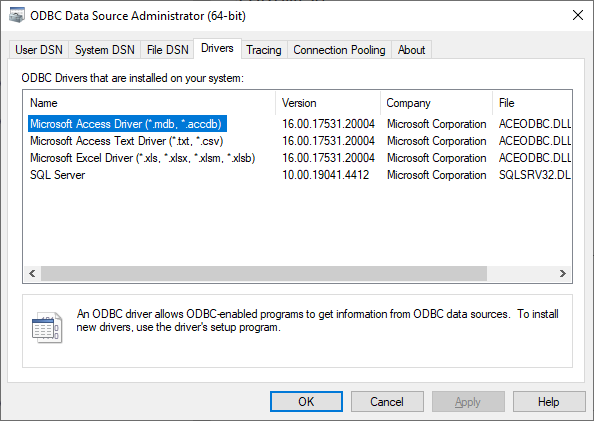 ODBC Drivers window
