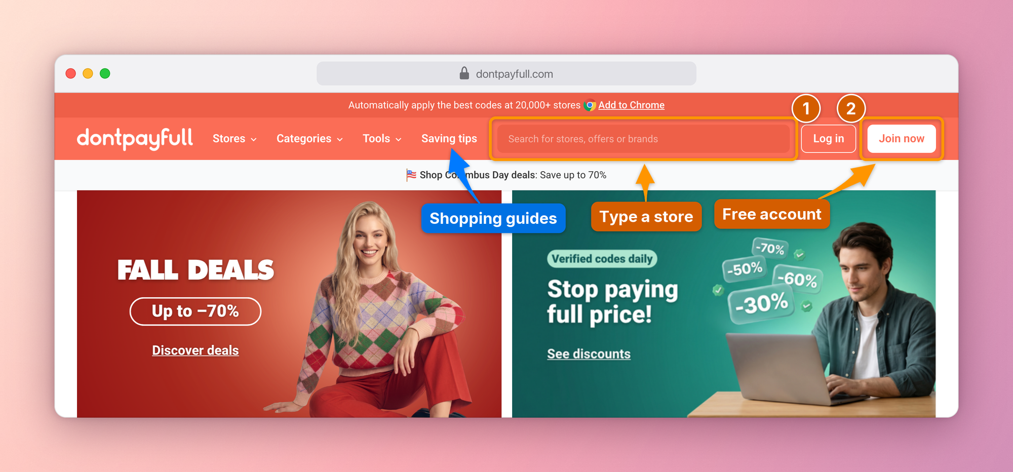 The DontPayFull home page: step 1 on the store search box, step 2 on Join now, a blue arrow to Saving tips