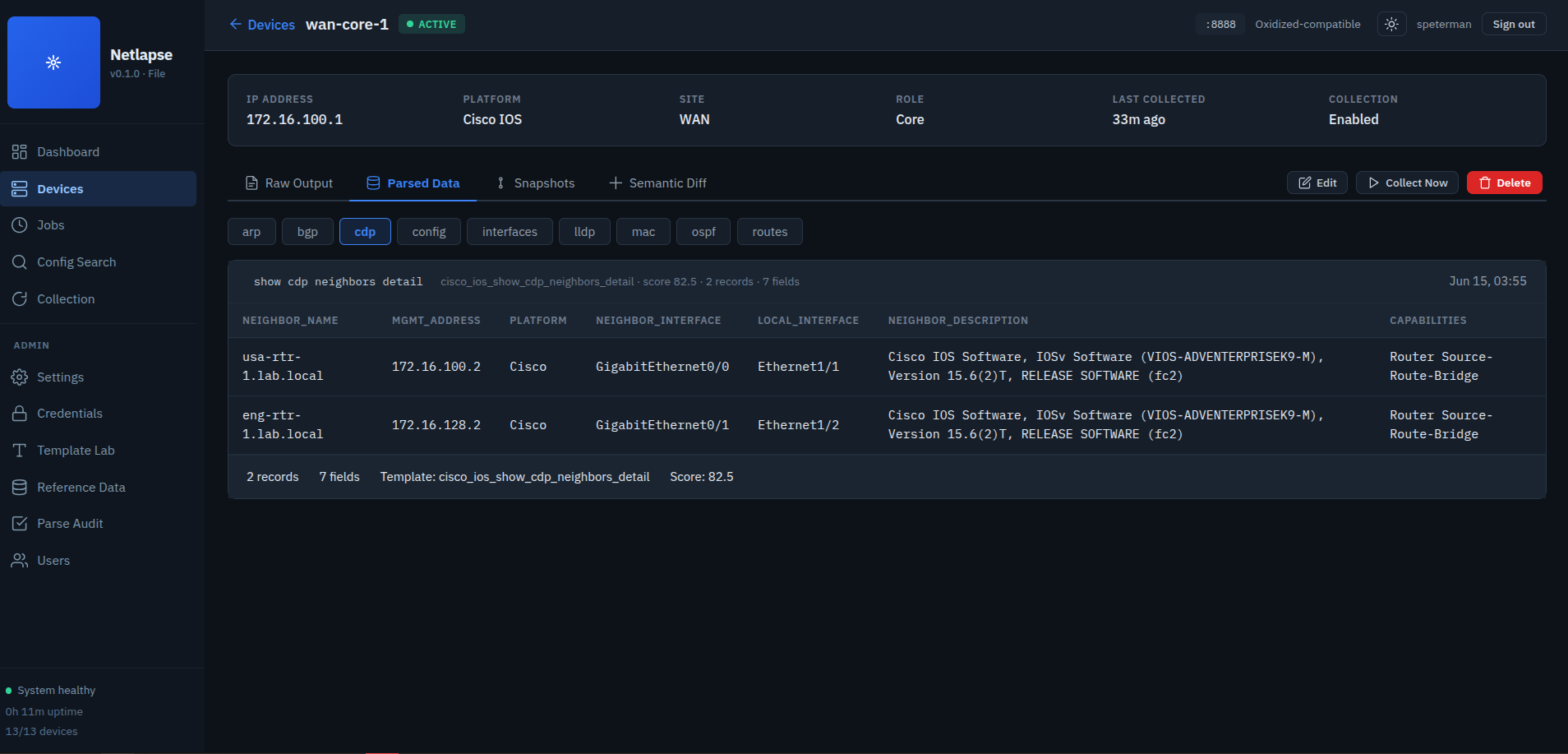 Device detail → Parsed Data tab: CDP neighbors rendered as a sortable table (neighbor, mgmt address, platform, interfaces, capabilities) with the auto-selected template cisco_ios_show_cdp_neighbors_detail and its match score