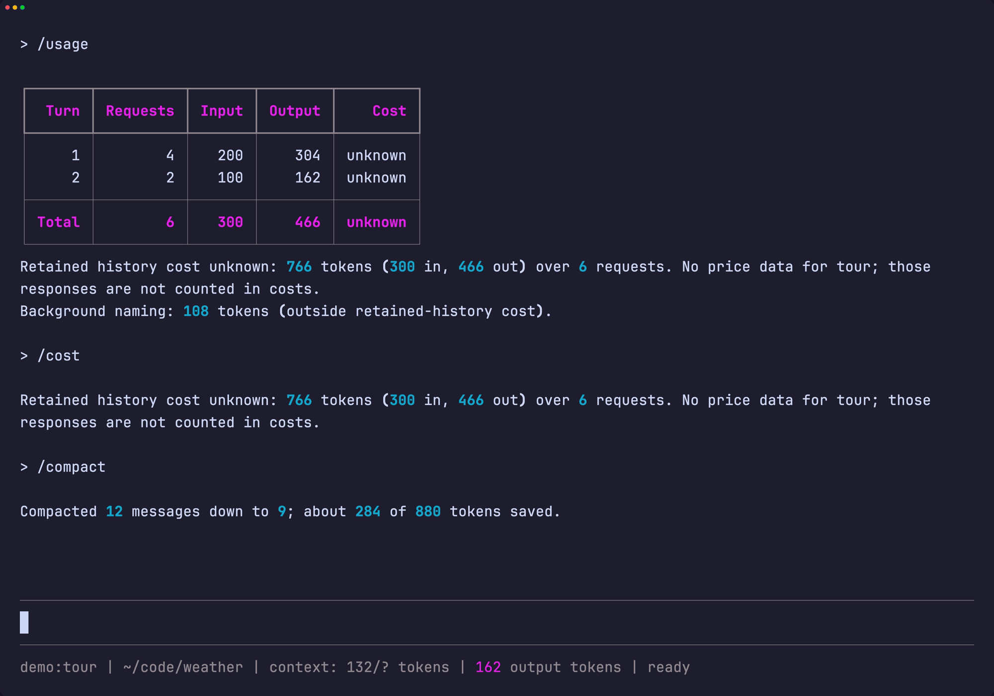 /usage table, /cost line, and /compact reporting the tokens it saved