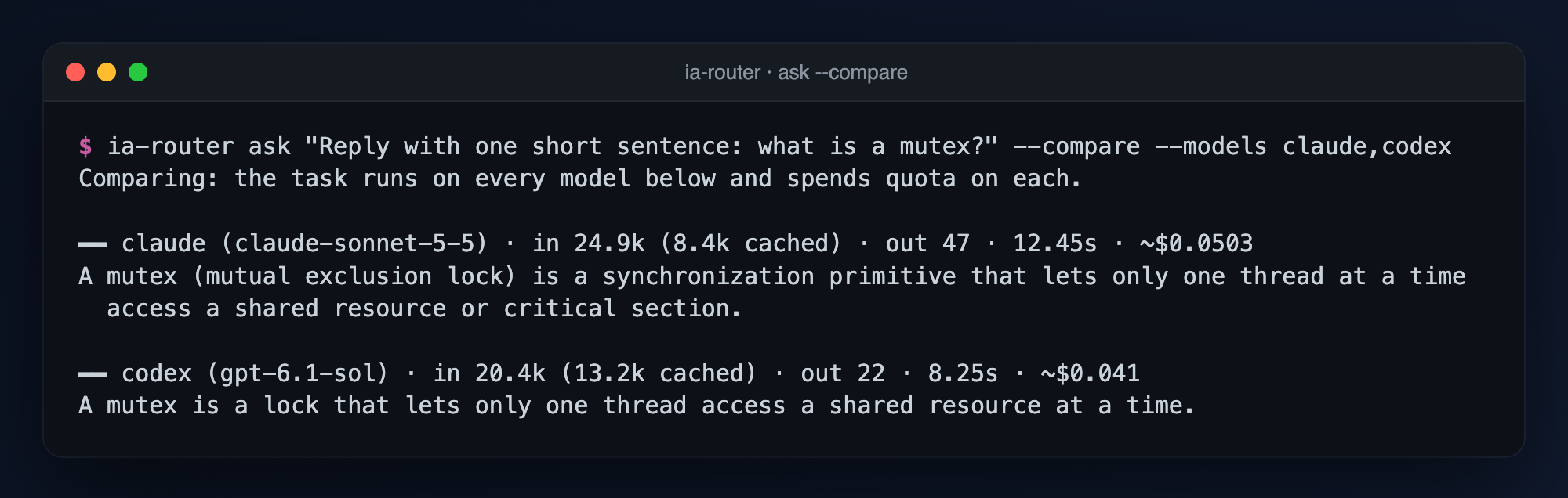 ask --compare running one task on claude and codex